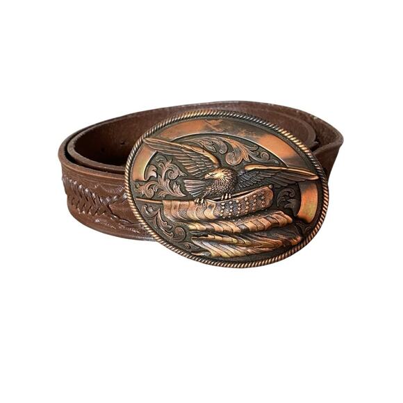 Nocona Copper Look American Eagle Buckle Belt Brown Leather Size 36